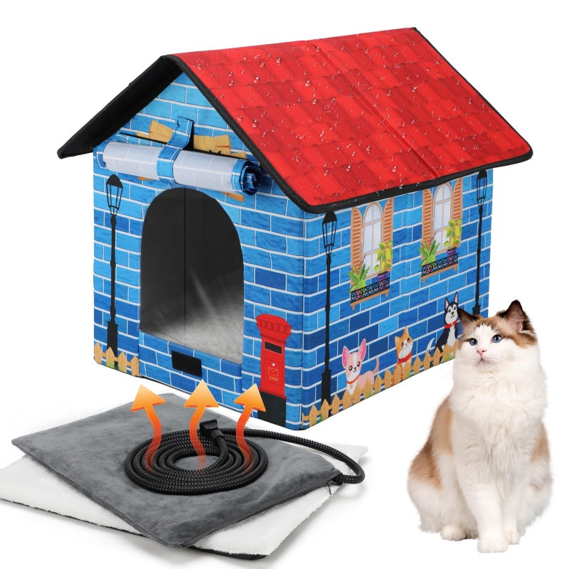 Midollarle Heated Outdoor Cat House Double Door Heater Cats Shelter,Weatherproof Foldable Heat Kitty House with Insulated Kitten Heating Pad Bed for Feral Barn Cat Kitten Puppy Outside Pets in Winter - Image 1