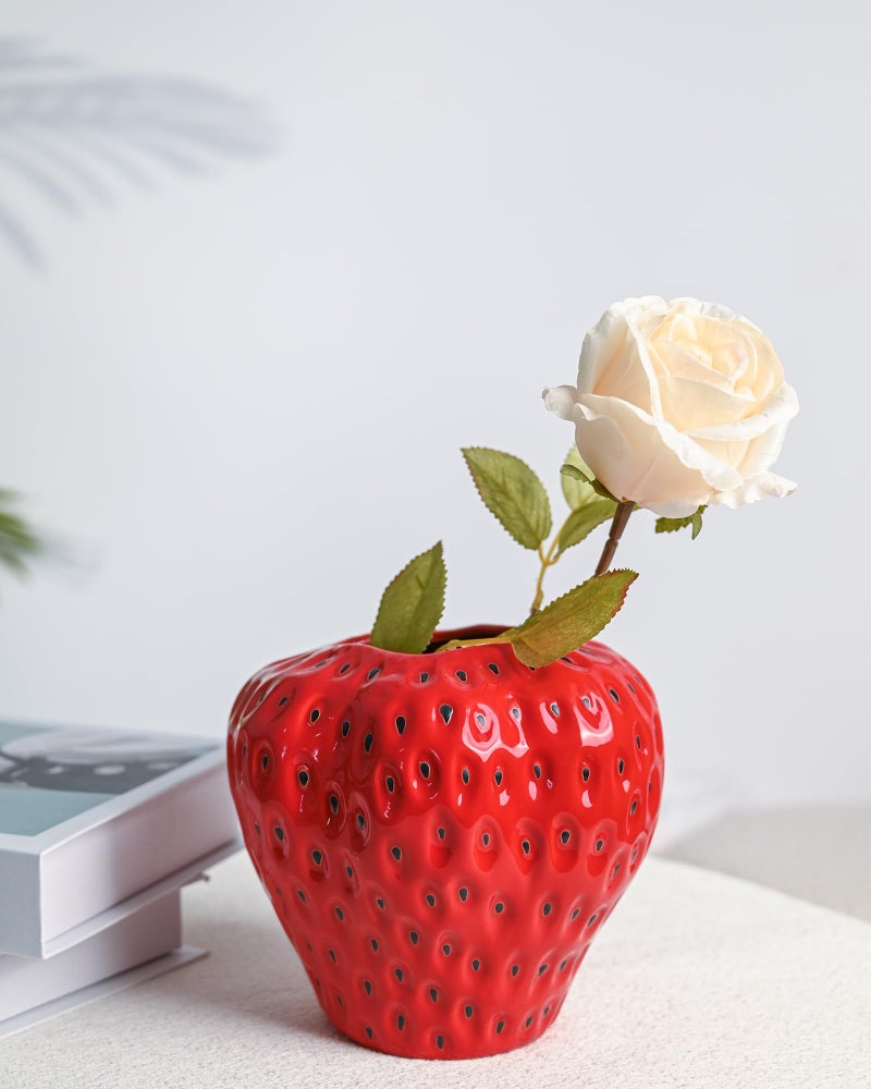 DN DECONATION Red Strawberry Vase Strawberry Ceramic Flower Vases for Colorful Girly Home Decor Decorative Cute Vase for Strawberry Party Decorations