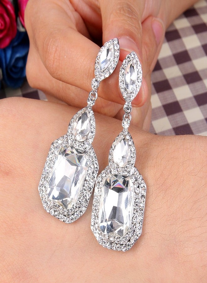 BriLove Wedding Bridal Dangle Earrings for Women Emerald Cut Crystal Infinity Figure 8 Chandelier Jewelry Clear Silver-Tone - Image 3