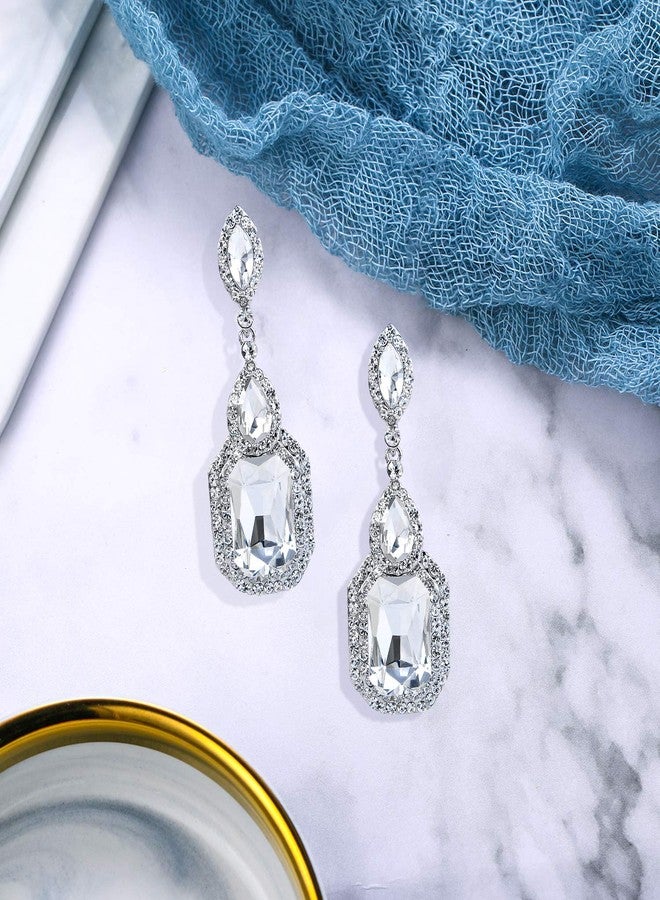 BriLove Wedding Bridal Dangle Earrings for Women Emerald Cut Crystal Infinity Figure 8 Chandelier Jewelry Clear Silver-Tone - Image 4