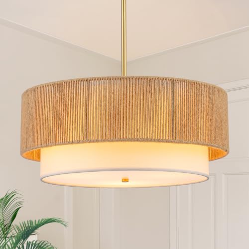 SineRise 18'' Farmhouse Rattan Chandeliers for Dining Room,3-Light Boho Light Fixtures Rattan Pendant Light Fixture with Fabric Shade Drum Chandeliers for Bedroom Dining Room Foyer Kitchen Hallway - Image 1