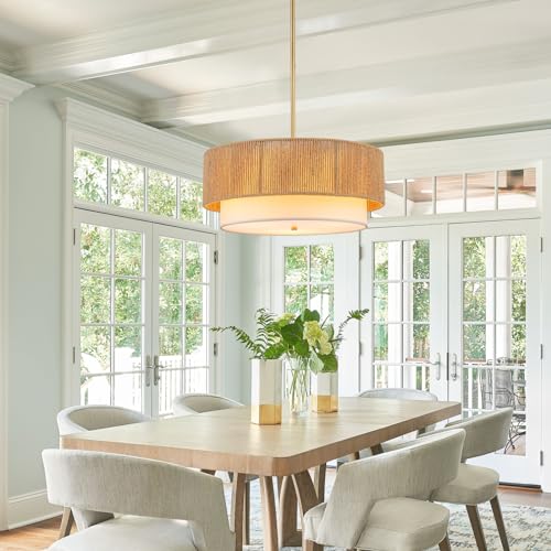 SineRise 18'' Farmhouse Rattan Chandeliers for Dining Room,3-Light Boho Light Fixtures Rattan Pendant Light Fixture with Fabric Shade Drum Chandeliers for Bedroom Dining Room Foyer Kitchen Hallway - Image 5