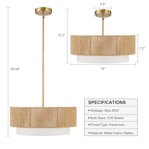 SineRise 18'' Farmhouse Rattan Chandeliers for Dining Room,3-Light Boho Light Fixtures Rattan Pendant Light Fixture with Fabric Shade Drum Chandeliers for Bedroom Dining Room Foyer Kitchen Hallway - Image 4