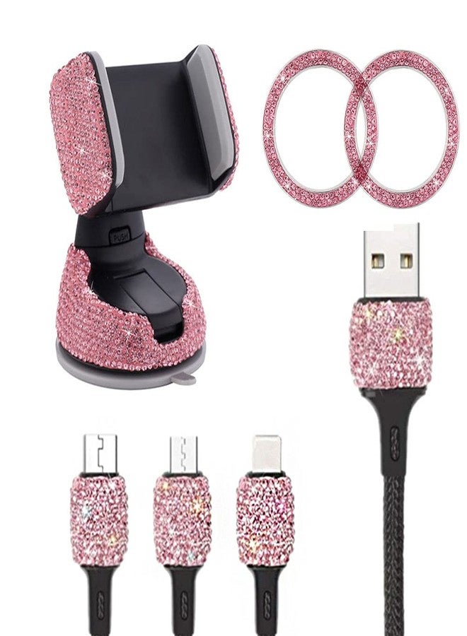 MACHSWON Bling Phone Car Holder with Air Vent Clip Shiny Engine Button Deco 3 In1 Charging Cable Rhinestone Car Accessories for Women - Image 1