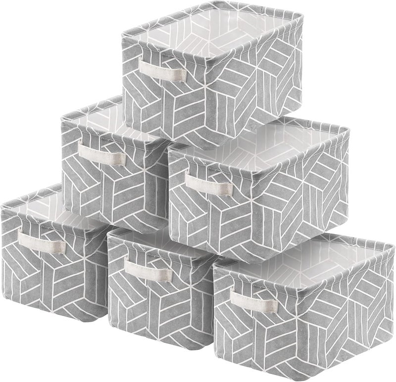 Crowned 6 Pcs Storage Basket Foldable Cube Fabric Bins Square Mini Box Receive Organizer Rectangle Canvas with Handles for Home Office Books Small 11x8x6.3 inch Grey - Image 1