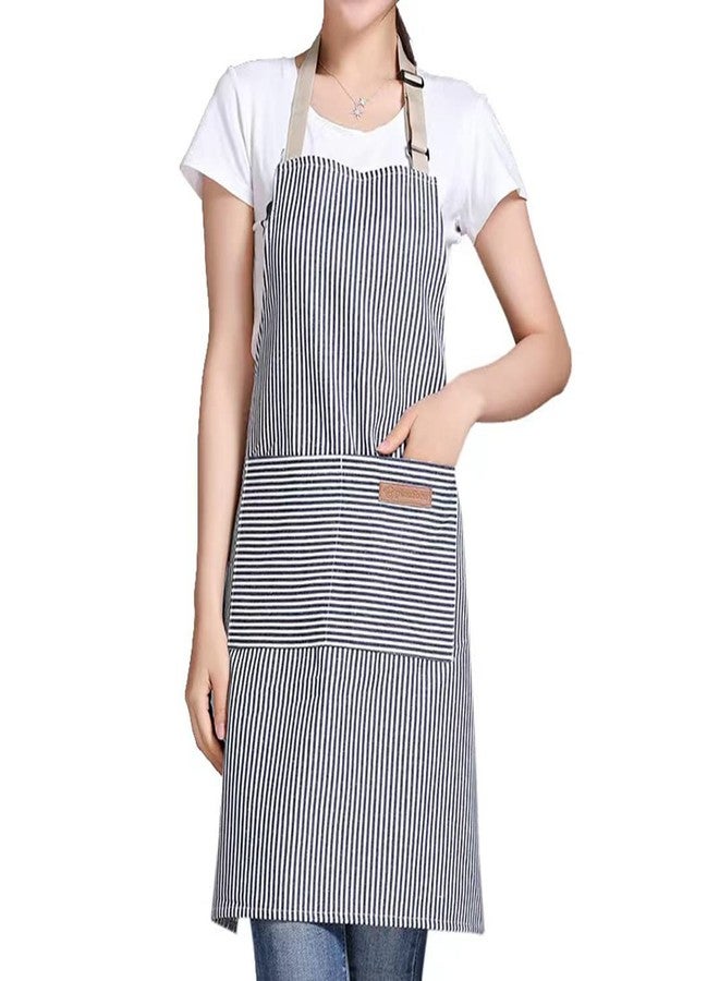 RUIBOLU Adjustable Bib Apron with 2 Pockets Cooking Kitchen Cotton Aprons for Women Men Chef Restaurant BBQ Painting Crafting, Long Ties Neck Strap (Khaki Stripes) - Image 1