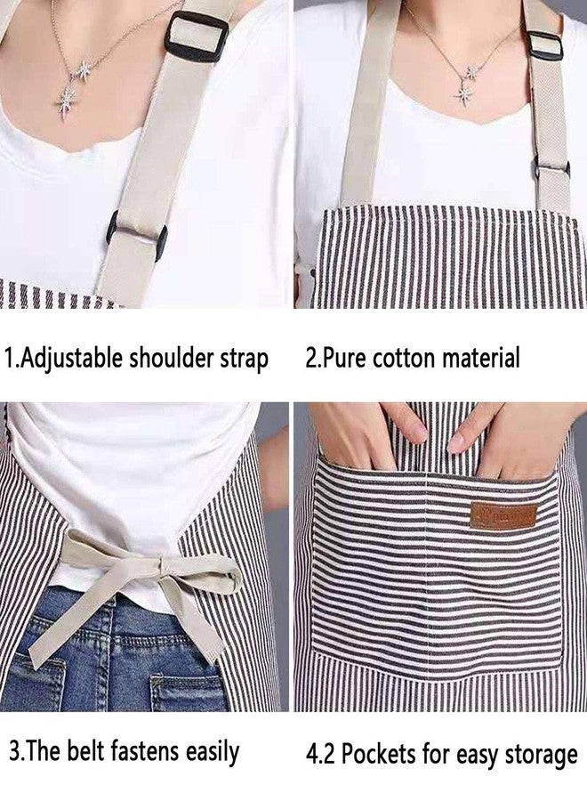RUIBOLU Adjustable Bib Apron with 2 Pockets Cooking Kitchen Cotton Aprons for Women Men Chef Restaurant BBQ Painting Crafting, Long Ties Neck Strap (Khaki Stripes) - Image 4