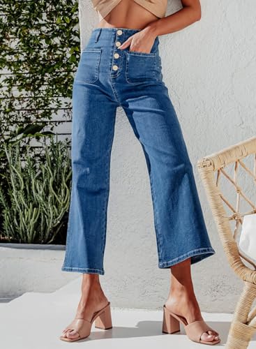Sidefeel Women's Wide Leg Jeans High Waisted Stretchy Zimbaplatinum Straight Leg Jeans Buttoned Loose Denim Pants with Pocket Blue Size 6 - Image 5