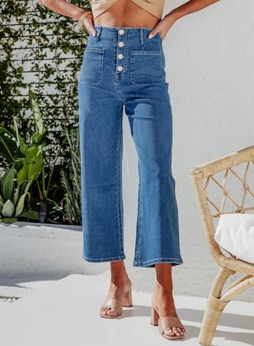Sidefeel Women's Wide Leg Jeans High Waisted Stretchy Zimbaplatinum Straight Leg Jeans Buttoned Loose Denim Pants with Pocket Blue Size 6 - Image 2