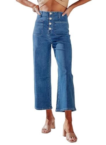 Sidefeel Women's Wide Leg Jeans High Waisted Stretchy Zimbaplatinum Straight Leg Jeans Buttoned Loose Denim Pants with Pocket Blue Size 6 - Image 1