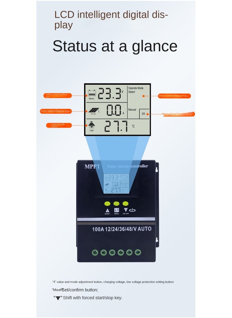 Generic - MPPT Solar Controller, 100A 12V/24V/36V/48V Adaptive Solar Panel Regulator with Dual USB Backlit LCD Display Clock Display Solar Controller for Gel Flooded LifePO4 Battery - Image 1
