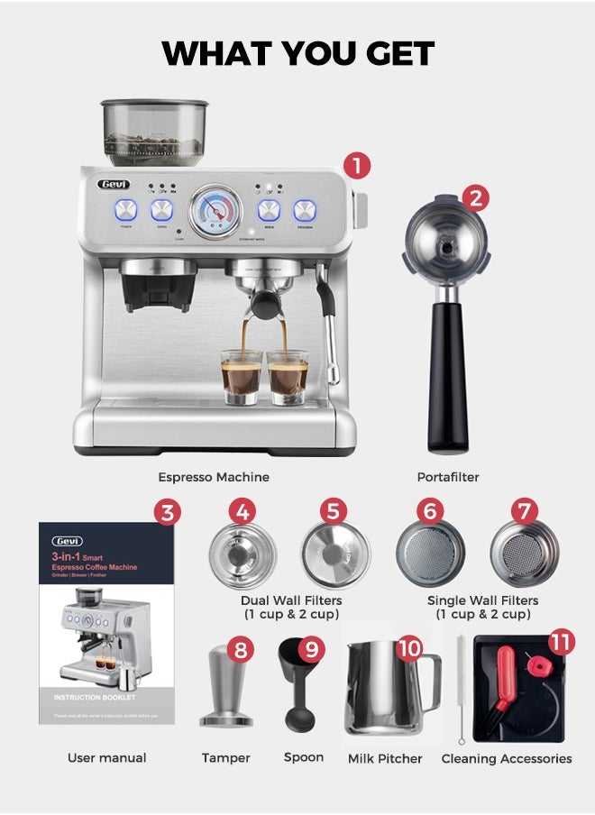 Gevi - Barista Pro Espresso Machine With Dual Heating System 20 Bar Espresso Coffee Bean To Cup Coffee Machine For Home Office And Small Cafe Silver 2.8L - Image 1