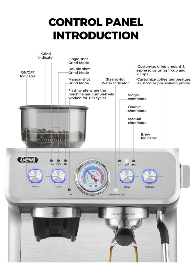 Gevi - Barista Pro Espresso Machine With Dual Heating System 20 Bar Espresso Coffee Bean To Cup Coffee Machine For Home Office And Small Cafe Silver 2.8L - Image 1