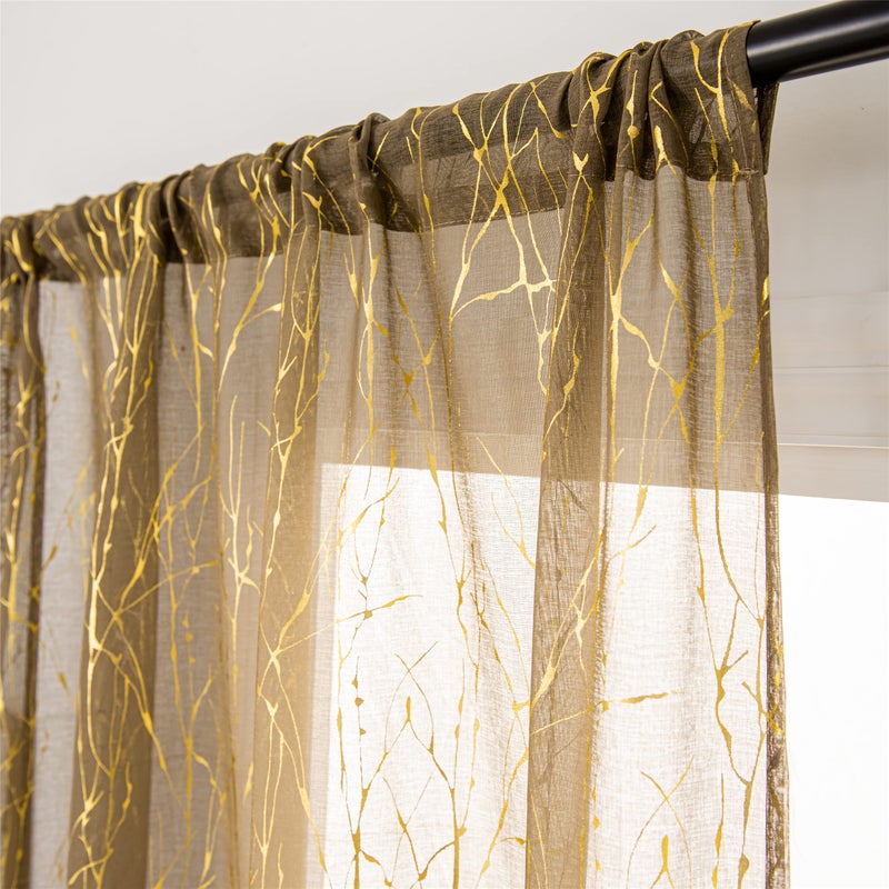 Deeprove Sheer Curtains 84 inch Length 2 Panels Set, Tree Branch Gold Foil Print Metallic for Bedroom Abstract Christmas Decor, Window Treatment Drapes Pair, Rod Pocket, W52 x L 84" Brown Taupe - Image 4