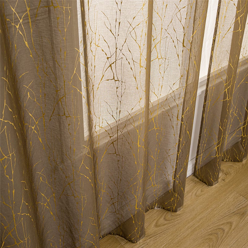 Deeprove Sheer Curtains 84 inch Length 2 Panels Set, Tree Branch Gold Foil Print Metallic for Bedroom Abstract Christmas Decor, Window Treatment Drapes Pair, Rod Pocket, W52 x L 84" Brown Taupe - Image 5