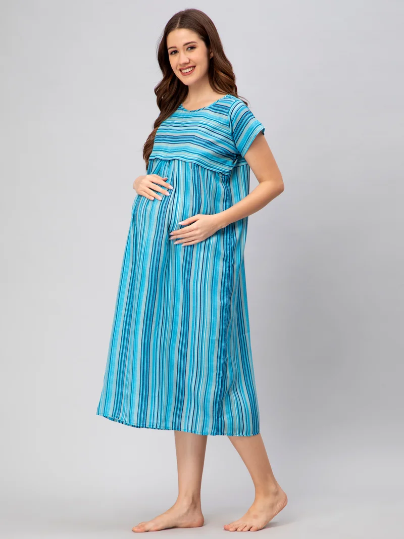 CEE 18 Pre & Post Maternity Wear - Nursing Nursing Nighty - Maxi with Zippers for Easy Feeding(Moonlight Blue)