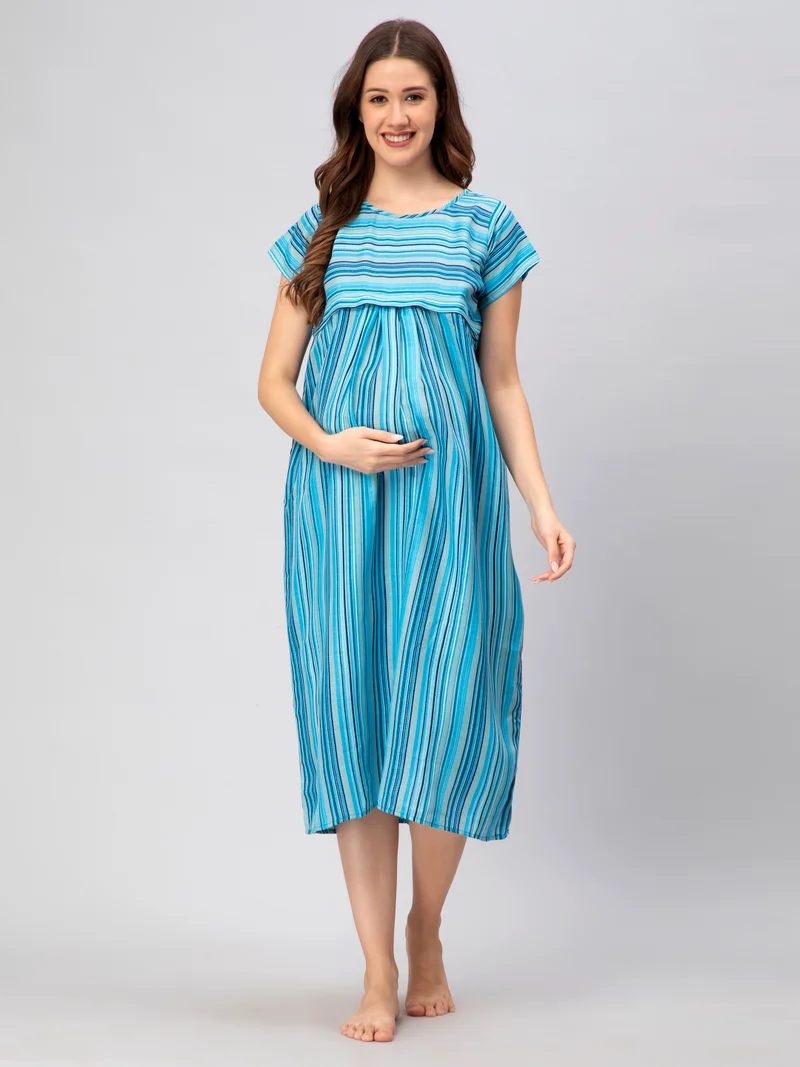 CEE 18 Pre & Post Maternity Wear - Nursing Nursing Nighty - Maxi with Zippers for Easy Feeding(Moonlight Blue)