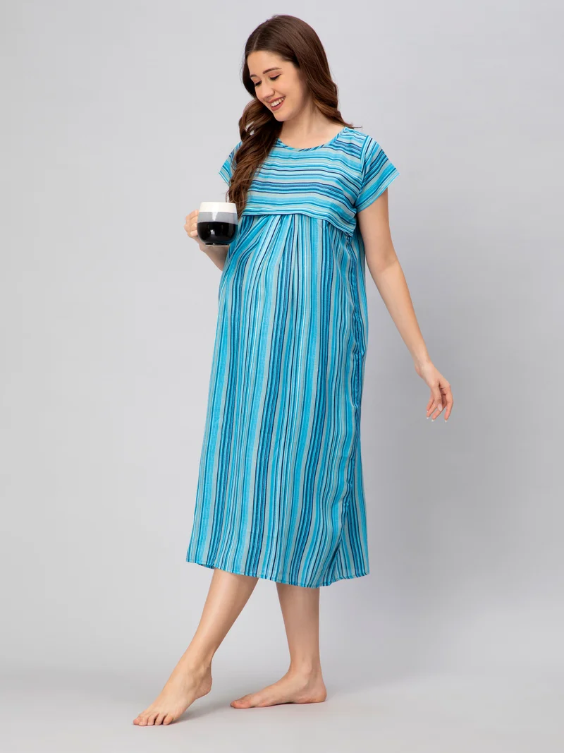 CEE 18 Pre & Post Maternity Wear - Nursing Nursing Nighty - Maxi with Zippers for Easy Feeding(Moonlight Blue)