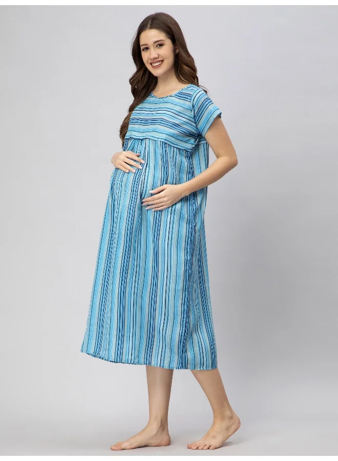 CEE 18 Pre & Post Maternity Wear - Nursing Nursing Nighty - Maxi with Zippers for Easy Feeding(Moonlight Blue)