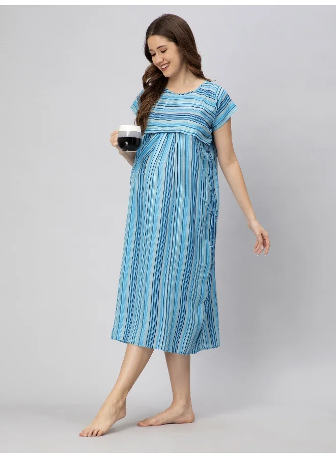 CEE 18 Pre & Post Maternity Wear - Nursing Nursing Nighty - Maxi with Zippers for Easy Feeding(Moonlight Blue)