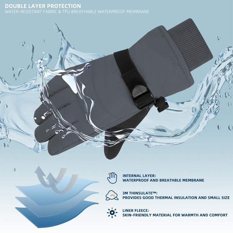 AMYIPO Kids Winter Snow Ski Gloves Children Snowboard Gloves for Boys Girls (B - Gray, 4-6 Years) - Image 4