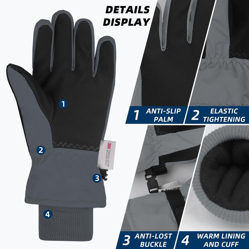 AMYIPO Kids Winter Snow Ski Gloves Children Snowboard Gloves for Boys Girls (B - Gray, 4-6 Years) - Image 2