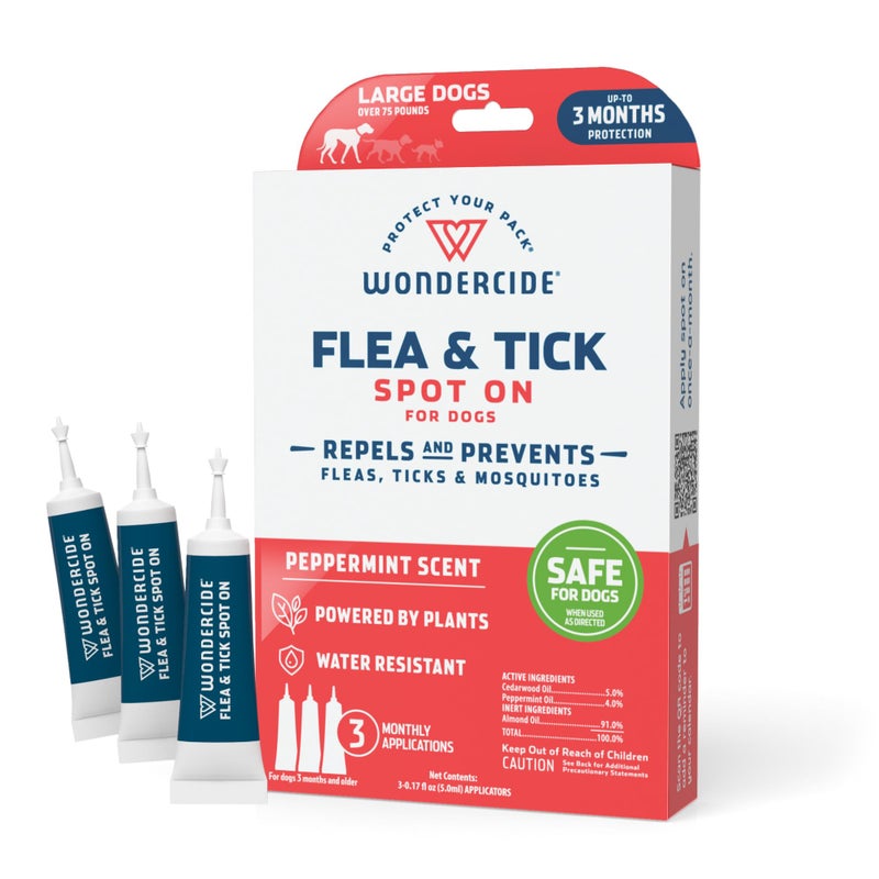 Wondercide - Flea & Tick Dog Spot On - Flea, Tick, and Mosquito Repellent, Prevention for Dogs with Natural Essential Oils - Up to 3 Months Protection - Large 3 Tubes of 0.17 oz - Image 1