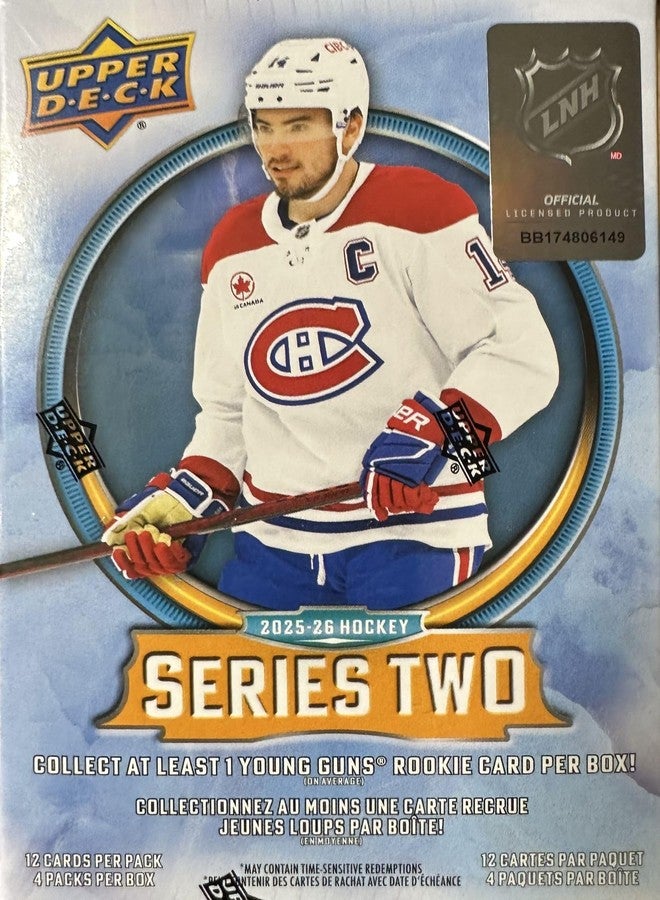 Upper Deck 2025 2026 Upper Deck Hockey Series 2 Sealed 48 Card Blaster Box Containing an OPC Glossy Card and an Exclusive Green Dazzler Card Plus Chance for Matthew Schaefer Young Guns Rookie Card and More - Image 1