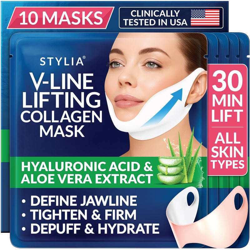 Stylia V Line Lifting Collagen Mask - Lift, Firm & Contour Jawline - Double Chin Reducer Strap with Hyaluronic Acid & Aloe - Neck Tightening and Lifting Mask - Jawline Shaper Face Lift Tape (10PC) - Image 1