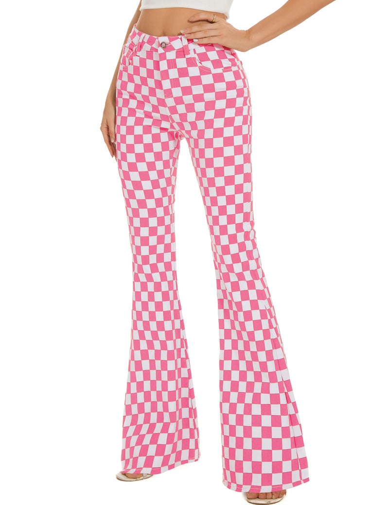 Odefou for Womens Checkered Pants High Waisted Flare Jeans Plaid Stretchy Bell Bottoms(Pink White Plaid,6) - Image 5