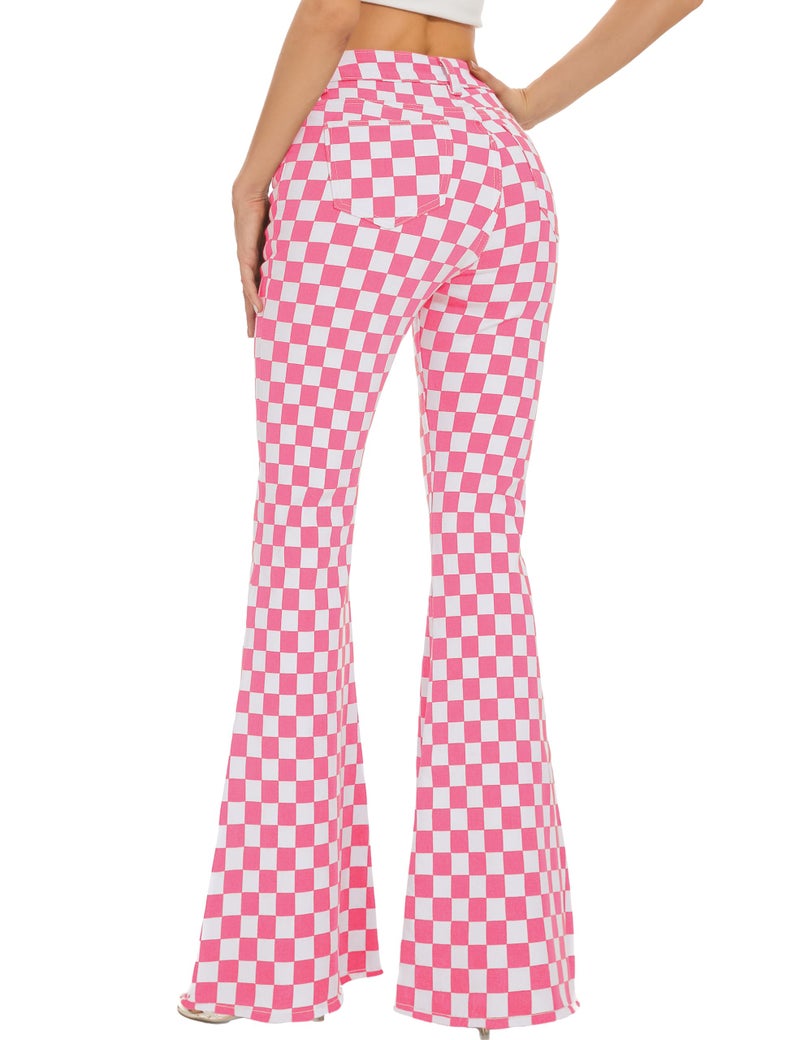 Odefou for Womens Checkered Pants High Waisted Flare Jeans Plaid Stretchy Bell Bottoms(Pink White Plaid,6) - Image 2