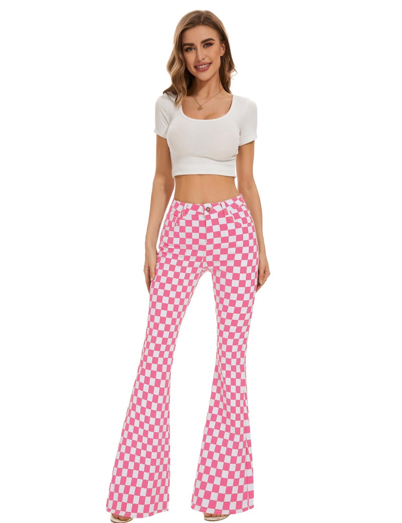 Odefou for Womens Checkered Pants High Waisted Flare Jeans Plaid Stretchy Bell Bottoms(Pink White Plaid,6) - Image 4