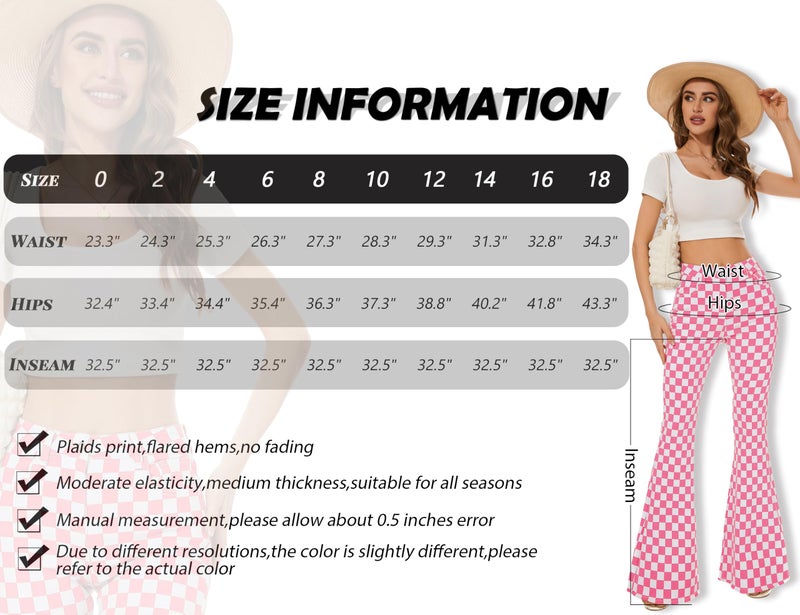 Odefou for Womens Checkered Pants High Waisted Flare Jeans Plaid Stretchy Bell Bottoms(Pink White Plaid,6) - Image 3
