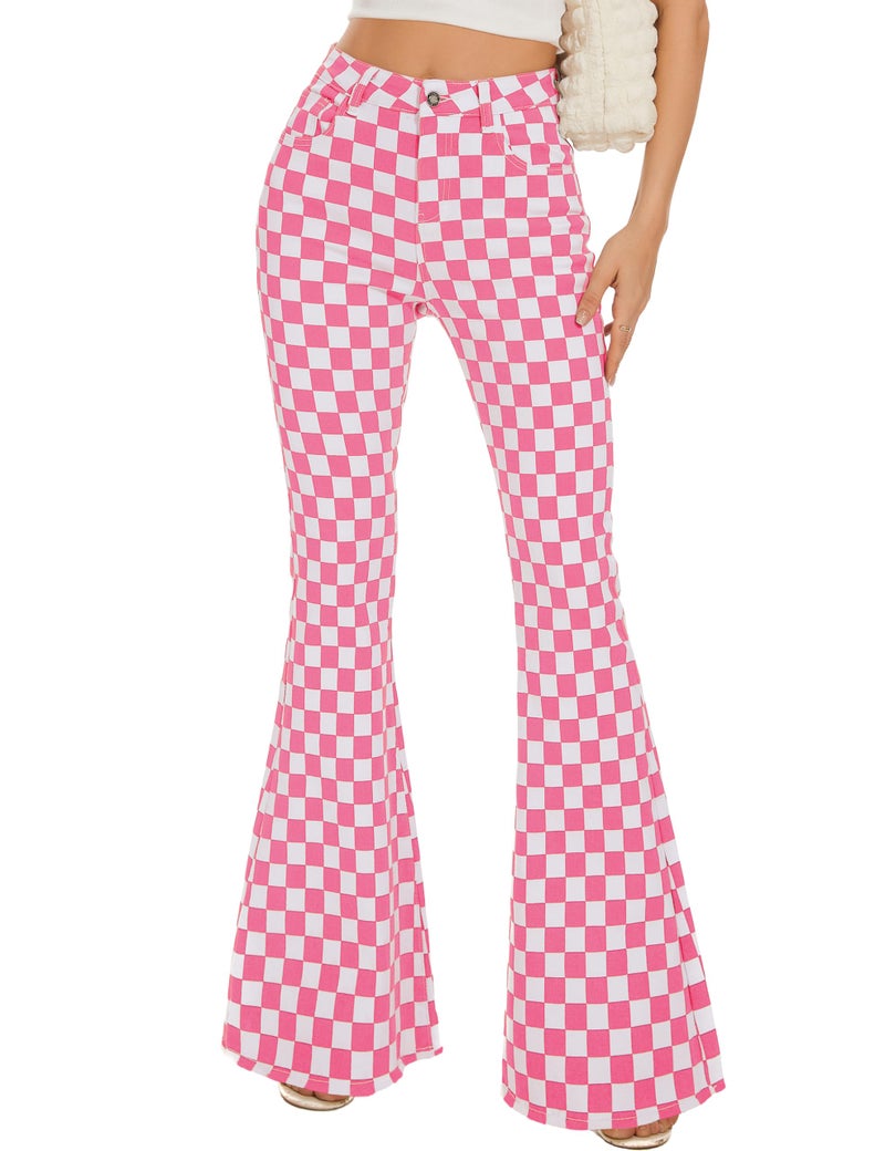 Odefou for Womens Checkered Pants High Waisted Flare Jeans Plaid Stretchy Bell Bottoms(Pink White Plaid,6) - Image 1