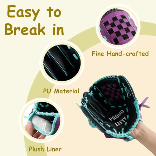 Urby Left Handed Baseball Glove, Left Handed T Ball Glove for Lefty, Left Hand Throw Only. T-Ball & Youth Baseball Gloves. Black & Purple. 10.5in. Age 4-7 - Image 3