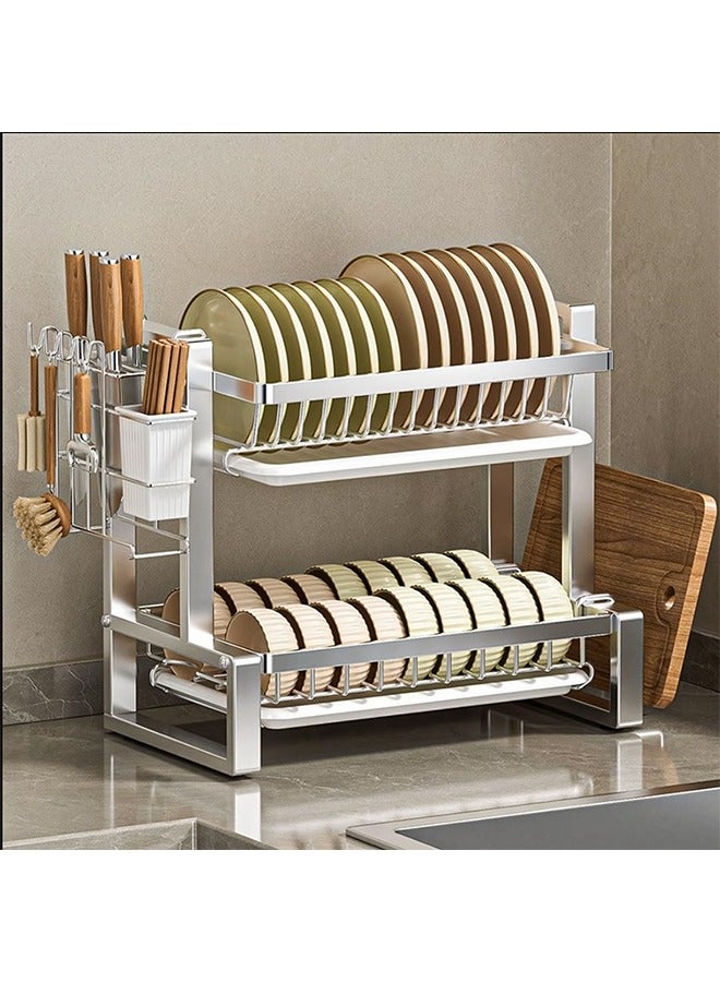 RollsTimi  2 Tier Dish Drying Rack Over Sink, with Drainage System & Drip Tray, Multifunctional Dish Rack with Cutlery Tray, Cup Holders & Cutting Board Holder, Rustproof Stainless Steel,Silver - Image 1