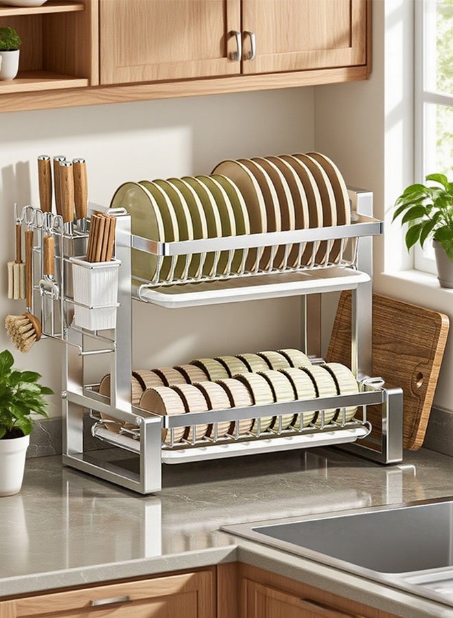 RollsTimi  2 Tier Dish Drying Rack Over Sink, with Drainage System & Drip Tray, Multifunctional Dish Rack with Cutlery Tray, Cup Holders & Cutting Board Holder, Rustproof Stainless Steel,Silver - Image 3