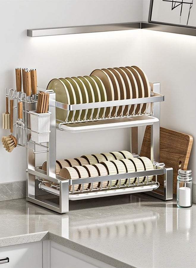 RollsTimi  2 Tier Dish Drying Rack Over Sink, with Drainage System & Drip Tray, Multifunctional Dish Rack with Cutlery Tray, Cup Holders & Cutting Board Holder, Rustproof Stainless Steel,Silver - Image 2