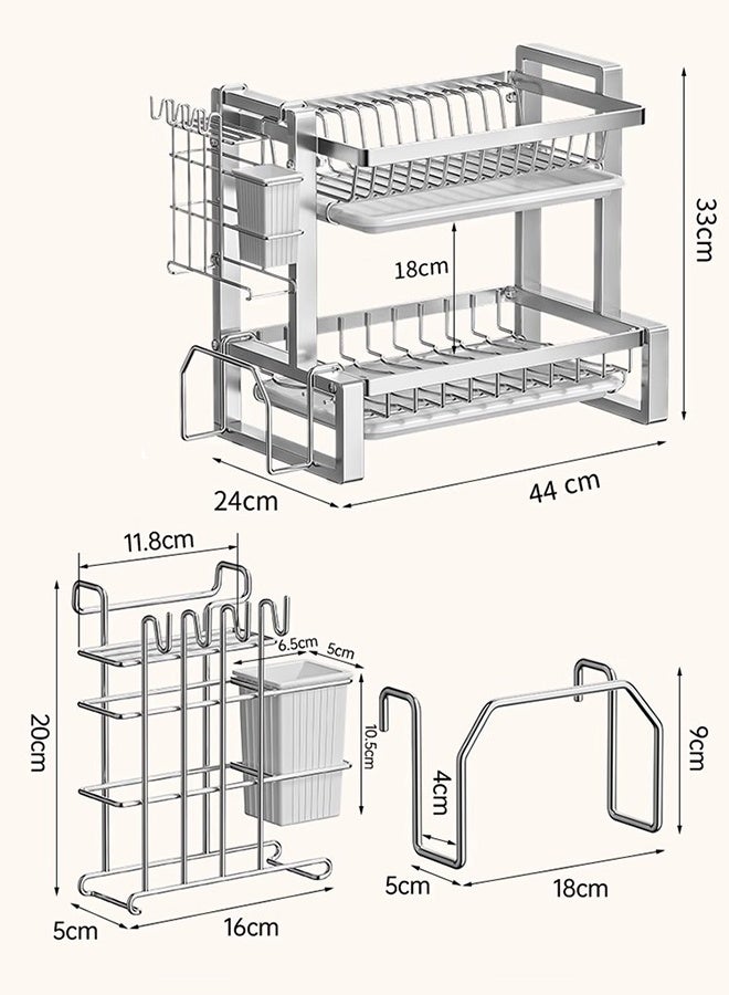 RollsTimi  2 Tier Dish Drying Rack Over Sink, with Drainage System & Drip Tray, Multifunctional Dish Rack with Cutlery Tray, Cup Holders & Cutting Board Holder, Rustproof Stainless Steel,Silver - Image 4
