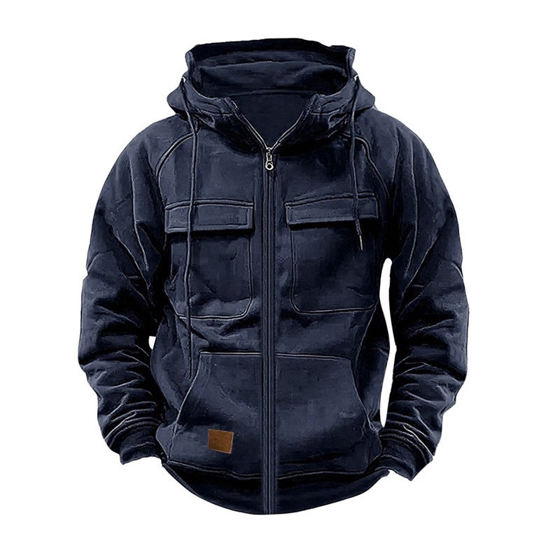 Generic Autumn and Winter Popular Mens Hooded Sweatshirt Loose Casual Jacket Multi-Pocket Design Trendy Retro Solid Color Outfit Navy blue 