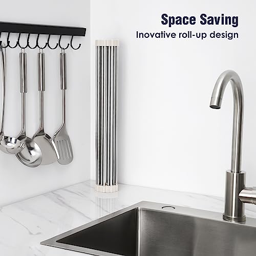 Tomorotec 17.7" x 15.5" Roll Up Dish Drying Rack Over Sink Drying Rack Sink Cover Kitchen Sink Accessories Gadget Multipurpose Organizer Foldable Stainless Steel Drainer - Image 3