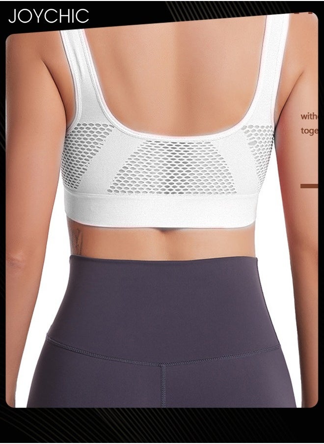 Joychic - Seamless Sports Yoga Bra Hollow Mesh Breathable Holes No Rims Comfortbale Bra Vest with Widen Shoulder Straps for Women White - Image 1