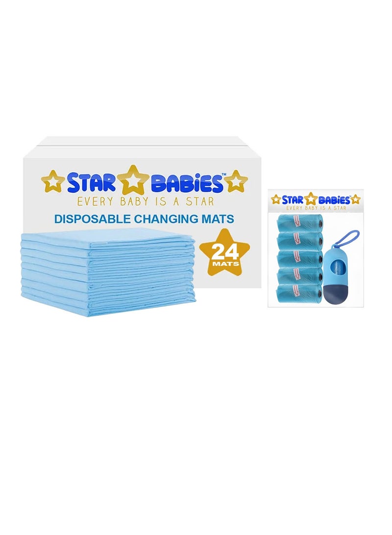 STAR BABiES Star Babies - Combo Pack of 2- Disposable Changing Mat Pack of 24 with Scented Bag (5 Pcs) - Blue  - Image 1