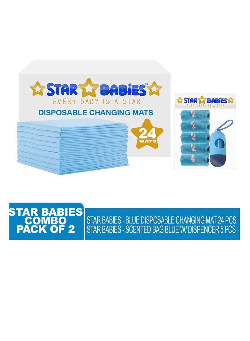 STAR BABiES Star Babies - Combo Pack of 2- Disposable Changing Mat Pack of 24 with Scented Bag (5 Pcs) - Blue  - Image 2