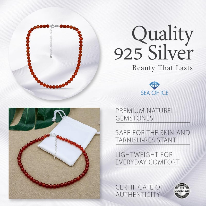 SEA OF ICE Precious Carnelian Gemstone 6mm Round Beads Necklace -14" Plus 2" Extender with Sterling Silver Spring Ring Clasp - Image 5