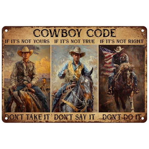 GJXFTPTTBD Cowboy Metal Sign Western Decor Cowboy Code Rustic Vintage Wall Art Tin Sign Gifts For Men Dad Man Cave 8x12 Inch - Image 1