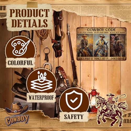 GJXFTPTTBD Cowboy Metal Sign Western Decor Cowboy Code Rustic Vintage Wall Art Tin Sign Gifts For Men Dad Man Cave 8x12 Inch - Image 3