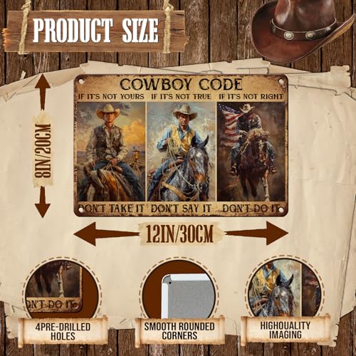 GJXFTPTTBD Cowboy Metal Sign Western Decor Cowboy Code Rustic Vintage Wall Art Tin Sign Gifts For Men Dad Man Cave 8x12 Inch - Image 2