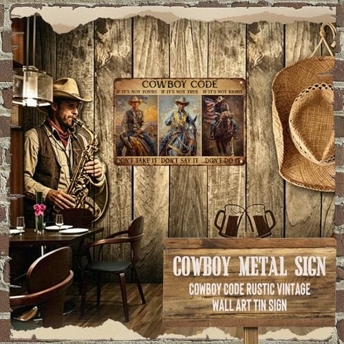 GJXFTPTTBD Cowboy Metal Sign Western Decor Cowboy Code Rustic Vintage Wall Art Tin Sign Gifts For Men Dad Man Cave 8x12 Inch - Image 5