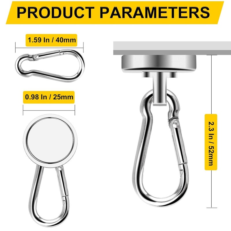 PRITASHA Magnetic HooksStrong Heavy Duty Neodymium Magnet Hooks with Swivel Carabiner HookGreat for Your Refrigerator and Other Magnetic SurfacesPack of 6 - Image 2